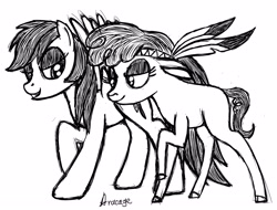 Size: 4200x3200 | Tagged: safe, artist:aracage, derpibooru exclusive, imported from derpibooru, little strongheart, rainbow dash, buffalo, pony, female, lidded eyes, looking at each other, mare, monochrome, quadrupedal, sketch