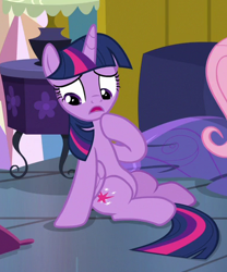 Size: 386x465 | Tagged: safe, imported from derpibooru, screencap, fluttershy, twilight sparkle, alicorn, pegasus, pony, a health of information, bedroom, cropped, female, mare, offscreen character, on floor, open mouth, raised hoof, sitting, solo focus, thinking, twilight sparkle (alicorn)