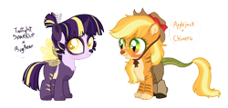 Size: 1554x740 | Tagged: safe, artist:unoriginai, imported from derpibooru, oc, hybrid, adoptable, cute, magical lesbian spawn, offspring, parent:applejack, parent:bugbear, parent:chimera sisters, parent:twilight sparkle