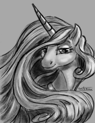 Size: 850x1100 | Tagged: safe, artist:noctomaeus, imported from derpibooru, princess celestia, alicorn, pony, bust, female, grayscale, lidded eyes, mare, monochrome, portrait, smiling, solo