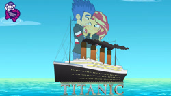 Size: 3000x1688 | Tagged: safe, artist:balabinobim, imported from derpibooru, flash sentry, sunset shimmer, equestria girls, cruise ship, equestria girls logo, female, flashimmer, male, movie poster, movie reference, ocean liner, ship, shipping, straight, this will not end well, titanic, unfortunate implications, wallpaper, we are going to hell