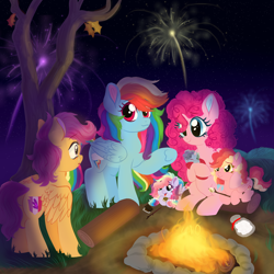 Size: 1700x1700 | Tagged: safe, artist:unoriginai, imported from derpibooru, pinkie pie, rainbow dash, scootaloo, oc, oc:monochrome mayhem, oc:party popper, oc:sugar crash, adoption, campfire, crying, female, filly, fireworks, foal, food, lesbian, magical lesbian spawn, marshmallow, newborn, night, offspring, older, older scootaloo, parent:pinkie pie, parent:rainbow dash, parents:pinkiedash, pinkiedash, scootadoption, shipping, sky, story included, tree