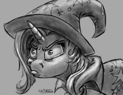 Size: 1100x850 | Tagged: safe, artist:noctomaeus, imported from derpibooru, trixie, pony, unicorn, road to friendship, angry, bust, cape, clothes, female, glare, grayscale, hat, mare, monochrome, portrait, solo, trixie's cape, trixie's hat