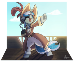 Size: 1896x1572 | Tagged: safe, artist:runedune, imported from derpibooru, oc, oc only, oc:sekr gray, pony, unicorn, bowtie, eyepatch, hook, incorrect accessory, pirate outfit, solo, ych result