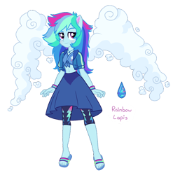 Size: 1400x1418 | Tagged: safe, artist:unoriginai, imported from derpibooru, rainbow dash, oc, oc only, oc:rainbow lapis, hybrid, equestria girls, belly button, cloud, cloud wings, crossover, female, fusion, fusion:lapis lazuli, fusion:rainbow dash, gem, gem (race), gem fusion, hybrid fusion, lapis lazuli, lapis lazuli (steven universe), ponied up, solo, steven universe, wings