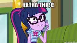 Size: 600x337 | Tagged: safe, edit, edited screencap, imported from derpibooru, screencap, sci-twi, twilight sparkle, equestria girls, equestria girls series, text support, aku, caption, geode of telekinesis, image macro, lip bite, magical geodes, memeful.com, reference, samurai jack, text, text support: sunset shimmer