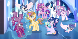 Size: 3120x1576 | Tagged: safe, artist:xxcutecookieswirlsxx, imported from derpibooru, princess cadance, princess flurry heart, shining armor, oc, oc:brighter velvet sparkle, oc:nighting ment, oc:safire eter, oc:star ray, alicorn, pegasus, pony, unicorn, baby, baby pony, base used, magic, magical lesbian spawn, offspring, older, parent:rainbow dash, parent:starlight glimmer, parent:tempest shadow, parent:twilight sparkle, parents:tempestglimmer, parents:twidash