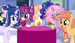 Size: 1280x737 | Tagged: safe, artist:xxcutecookieswirlsxx, imported from derpibooru, oc, oc only, oc:brighter velvet sparkle, oc:luartic sapphire, oc:rosaly, oc:safire eter, earth pony, pegasus, pony, unicorn, base used, cupcake, female, food, magical lesbian spawn, mare, offspring, parent:applejack, parent:bulk biceps, parent:fluttershy, parent:pinkie pie, parent:pokey pierce, parent:princess luna, parent:rainbow dash, parent:rarity, parent:starlight glimmer, parent:sunburst, parent:tempest shadow, parent:twilight sparkle, parents:appleburst, parents:flutterbulk, parents:pokeypie, parents:rariluna, parents:tempestglimmer, parents:twidash