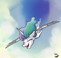 Size: 4613x4332 | Tagged: safe, artist:greyscaleart, imported from derpibooru, princess celestia, alicorn, pony, absurd resolution, cloud, eyes closed, falling, female, flying, greyscaleart is trying to murder us, happy, mare, open mouth, signature, smiling, solo, spread wings, vertigo, wings