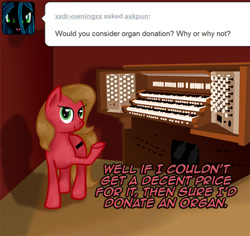 Size: 848x800 | Tagged: safe, artist:kathyhauser, imported from derpibooru, oc, oc only, oc:pun, earth pony, pony, ask pun, ask, female, mare, musical instrument, organ, pun, solo