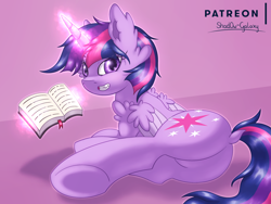 Size: 3000x2250 | Tagged: safe, artist:shad0w-galaxy, imported from derpibooru, twilight sparkle, alicorn, pony, adorasexy, book, butt, chest fluff, cute, dock, ear fluff, female, fluffy, glowing horn, grin, horn, looking at you, looking back, looking back at you, lying, magic, mare, patreon, plot, reading, sexy, smiling, solo, telekinesis, twilight sparkle (alicorn), underhoof, wing fluff, wings