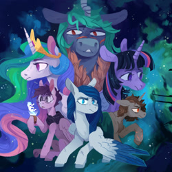 Size: 1200x1200 | Tagged: safe, artist:sterfler, imported from derpibooru, princess celestia, twilight sparkle, oc, oc:rayna, oc:satyrn, oc:vylet, alicorn, pegasus, pony, homeward (album), album cover, cover art, starship ponyville, twilight sparkle (alicorn), vylet pony