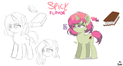 Size: 1250x672 | Tagged: safe, artist:badhthebrad, artist:cdv, imported from derpibooru, oc, oc only, oc:spicy flavor, pony, unicorn, cutie mark, female, mare, piercing, reference, reference sheet, sketch, solo, text