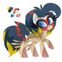 Size: 894x894 | Tagged: safe, artist:birb-o-fluff, imported from derpibooru, oc, oc only, bird pone, original species, female, mare, mask, raised hoof, reference sheet, simple background, smiling, solo, transparent background