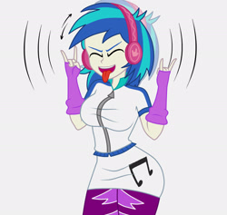 Size: 1900x1800 | Tagged: dead source, safe, artist:mashoart, imported from derpibooru, dj pon-3, vinyl scratch, equestria girls, clothes, devil horn (gesture), eyes closed, female, headphones, open mouth, simple background, solo, tongue out, white background