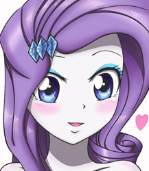 Size: 650x750 | Tagged: safe, artist:tastyrainbow, imported from derpibooru, rarity, equestria girls, anime, bare shoulder portrait, bare shoulders, big eyes, blushing, bust, cute, eyeshadow, female, hairpin, happy, implied nudity, looking at you, makeup, portrait, raribetes, simple background, solo, white background