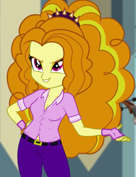 Size: 830x1080 | Tagged: safe, edit, edited screencap, editor:ah96, imported from derpibooru, screencap, adagio dazzle, equestria girls, rainbow rocks, breast edit, breasts, cleavage, clothes, cropped, evil grin, female, fingerless gloves, gloves, grin, polo shirt, smiling, solo, spiked headband