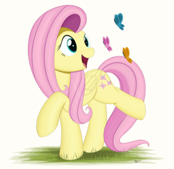 Size: 4000x3900 | Tagged: safe, artist:arcane-thunder, imported from derpibooru, fluttershy, butterfly, pegasus, pony, cute, female, grass, mare, open mouth, shyabetes, simple background, solo, white background