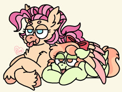 Size: 800x603 | Tagged: safe, artist:sandwichbuns, imported from derpibooru, oc, oc only, oc:ladybird, oc:spongecake, classical hippogriff, hippogriff, pegasus, pony, female, hug, magical lesbian spawn, mare, offspring, parent:fluttershy, parent:pinkie pie, parent:princess skystar, parent:rainbow dash, parents:flutterdash, parents:skypie, prone, simple background, tongue out, winghug