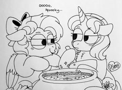 Size: 1024x755 | Tagged: safe, artist:sandwichbuns, imported from derpibooru, oc, oc:cornflower, oc:ladybird, pegasus, pony, unicorn, cauldron, female, magical lesbian spawn, mare, monochrome, offspring, parent:fluttershy, parent:rainbow dash, parent:starlight glimmer, parent:trixie, parents:flutterdash, parents:startrix, traditional art