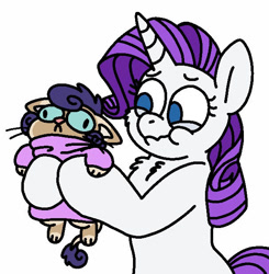 Size: 607x619 | Tagged: safe, artist:sandwichbuns, imported from derpibooru, rarity, oc, oc:yarnball, cat pony, hybrid, original species, pony, chest fluff, clothes, cute, derp, female, interspecies offspring, mother and daughter, no pupils, offspring, parent:capper, parent:capper dapperpaws, parent:rarity, parents:capperity, simple background, sweater, white background