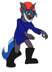 Size: 774x1065 | Tagged: safe, artist:omegapex, imported from derpibooru, oc, oc only, oc:lock down, anthro, unicorn, boots, clothes, hat, horn, meme, noggin clontith, ponified meme, shoes, simple background, solo, transparent background, unicorn oc, you've been gnomed