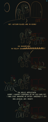 Size: 1246x3111 | Tagged: safe, artist:quint-t-w, imported from derpibooru, applejack, autumn blaze, kirin, sounds of silence, comic, couch, dialogue, door, female, gradient background, hoof on shoulder, hug, mare, molting, screaming, shocked, side hug, simple background, skin, thousand yard stare