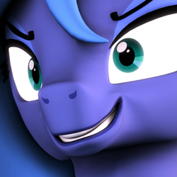 Size: 1439x1440 | Tagged: safe, artist:flushthebatsanta, imported from derpibooru, princess luna, alicorn, pony, 3d, booty had me like, bust, close-up, creepy, creepy smile, cropped, faic, female, reaction image, s1 luna, smiling, solo, source filmmaker