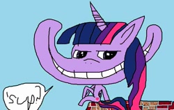 Size: 999x635 | Tagged: artist needed, safe, imported from derpibooru, twilight sparkle, alicorn, pony, 1000 hours in ms paint, blushing, brick wall, downvote bait, evil grin, female, grin, mare, ms paint, shitposting, sitting, smiling, solo, speech bubble, twilight sparkle (alicorn)