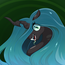 Size: 1181x1181 | Tagged: safe, artist:dyonys, imported from derpibooru, queen chrysalis, changeling, changeling queen, bust, drool, drool string, fangs, female, looking at you, simple background, tongue out