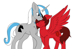 Size: 3270x2154 | Tagged: safe, artist:drarkusss0, imported from derpibooru, oc, oc only, oc:cinnamon pop, oc:sekr gray, pegasus, pony, unicorn, bowtie, duo, eyepatch, nuzzling, sekramon, shipping, simple background, transparent background, ych result