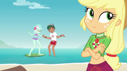 Size: 1280x720 | Tagged: safe, imported from derpibooru, screencap, applejack, lyra heartstrings, timber spruce, equestria girls, equestria girls series, turf war, barefoot, cap, clothes, crossed arms, feet, geode of super strength, hat, legs, lifeguard, lifeguard applejack, lifeguard timber, magical geodes, male, midriff, ocean, shorts, surfboard