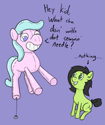 Size: 777x924 | Tagged: safe, artist:happy harvey, imported from derpibooru, oc, oc only, oc:filly anon, inflatable pony, pony, balloon, balloon popping, colored, dialogue, female, fetish, filly, floating, grin, inflatable, inflatable fetish, inflatable toy, lies, needle, nervous, nervous grin, popping, rock, shading, sitting, smiling, string, this will end in death, this will not end well