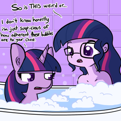 Size: 1650x1650 | Tagged: safe, artist:tjpones, imported from derpibooru, sci-twi, twilight sparkle, alicorn, pony, equestria girls, bath, bathing, bathing together, bathtub, bubble, bubble bath, casual nudity, confused, dialogue, duo, female, frown, glare, glasses, human ponidox, implied nudity, lampshade hanging, lidded eyes, looking at something, mare, nudity, open mouth, self ponidox, sitting, soap bubble, strategically covered, suspicious, twilight is not amused, twilight sparkle is not amused, twolight, unamused, we don't normally wear clothes