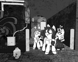 Size: 1280x1024 | Tagged: safe, artist:scraggleman, imported from derpibooru, moondancer, oc, oc:floor bored, oc:taku, pony, unicorn, clothes, female, glasses, hoodie, monochrome, story included, story:lost and found, sweater, teary eyes, worried