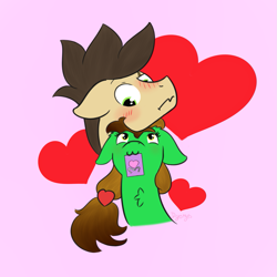 Size: 1181x1181 | Tagged: safe, artist:dyonys, imported from derpibooru, oc, oc only, oc:lucky brush, oc:night chaser, pony, blushing, bust, female, hearts and hooves day, luckychaser, male, mare, mouth hold, stallion, valentine's day card