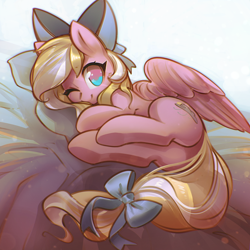 Size: 1994x1994 | Tagged: safe, artist:mirroredsea, imported from derpibooru, oc, oc only, oc:bay breeze, pegasus, pony, bow, butt, commission, cute, female, hair bow, looking at you, mare, one eye closed, plot, smiling, solo, tail bow, underhoof, wink