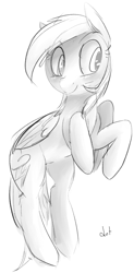 Size: 640x1297 | Tagged: dead source, safe, artist:dotkwa, imported from derpibooru, rainbow dash, pegasus, pony, cute, female, grayscale, monochrome, smiling, solo