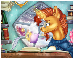 Size: 4600x3702 | Tagged: safe, artist:gaelledragons, artist:ilynalta, imported from derpibooru, sunburst, pony, unicorn, book, clothes, collaboration, crystal empire, facial hair, glasses, goatee, hot chocolate, hot drink, indoors, male, mug, quill, shelf, sitting, snow, solo, stallion, sweater, winter