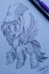Size: 828x1260 | Tagged: artist needed, source needed, safe, imported from derpibooru, derpy hooves, pegasus, pony, clothes, female, nightmare night, nightmare night costume, paper bag wizard, pencil drawing, smiling, solo, traditional art