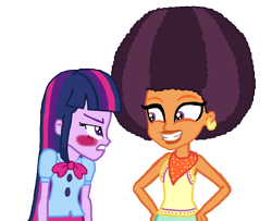 Size: 2000x1627 | Tagged: safe, artist:bigpurplemuppet99, imported from derpibooru, saffron masala, twilight sparkle, equestria girls, afro, base used, blushing, equestria girls-ified, female, lesbian, shipping, twiffron