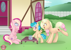 Size: 5069x3559 | Tagged: safe, artist:raspberrystudios, imported from derpibooru, oc, oc only, oc:doodlebug, butterfly, pegasus, pony, unicorn, adopted offspring, cutie mark, female, fence, filly, grass, hill, house, mother and daughter, patreon, patreon reward, ponyville, table