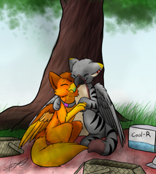 Size: 900x1000 | Tagged: safe, artist:xeirla, imported from derpibooru, oc, oc only, oc:amber wing, oc:caedis animus, griffon, basket, collar, cuddling, griffonized, picnic, picnic basket, picnic blanket, species swap, under the tree