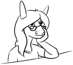 Size: 630x565 | Tagged: safe, artist:tempusfidgets, imported from derpibooru, oc, oc only, oc:tempus fidgets, anthro, earth pony, black and white, glasses, grayscale, male, monochrome, simple background, solo, thinking, white background