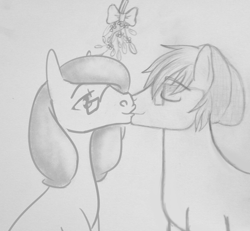 Size: 1117x1032 | Tagged: safe, artist:tempusfidgets, artist:theoartisticthematics, imported from derpibooru, oc, oc:tempus fidgets, oc:theoartisticthematics, earth pony, pony, kissing, male, mistletoe, monochrome, simple background