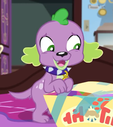 Size: 643x720 | Tagged: safe, imported from derpibooru, screencap, spike, spike the regular dog, dog, equestria girls, equestria girls series, reboxing with spike!, spoiler:eqg series (season 2), box, cropped, male, paws, sci-twi's room, spike's dog collar