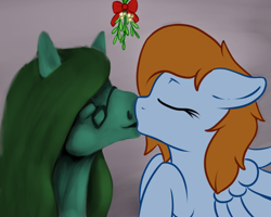 Size: 1250x1000 | Tagged: safe, artist:fearingfun, artist:tempusfidgets, imported from derpibooru, oc, oc:fearingfun, oc:tempus fidgets, earth pony, pegasus, pony, kissing, male, mistletoe, simple background