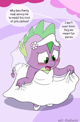 Size: 844x1280 | Tagged: safe, artist:caluriri, imported from derpibooru, spike, dragon, blushing, clothes, crossdressing, dress, implied rarity, shoes, wedding dress, winged spike, wings