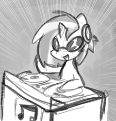 Size: 1154x1207 | Tagged: safe, artist:zutcha, imported from derpibooru, dj pon-3, vinyl scratch, pony, unicorn, black and white, female, grayscale, headphones, mare, monochrome, open mouth, sketch, smiling, solo, turntable