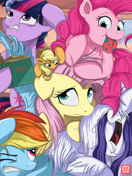 Size: 600x800 | Tagged: safe, artist:pyroprye, imported from derpibooru, applejack, fluttershy, pinkie pie, rainbow dash, rarity, twilight sparkle, pony, bridle gossip, appletini, book, flutterguy, hairity, mane six, micro, rainbow crash, spitty pie, twilight flopple